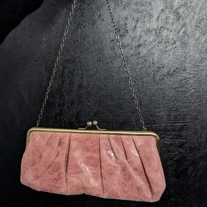 Vintage brass and pink leather shoulder bag